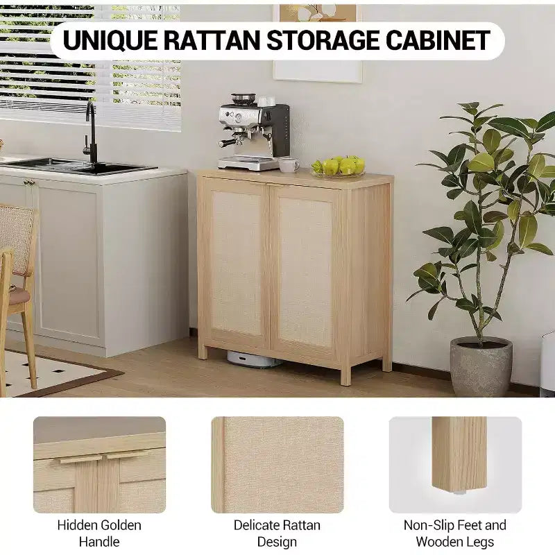 Mobiletto contenitore in rattan a 2 ante con ripiani regolabili — Quercia scura / Quercia chiara