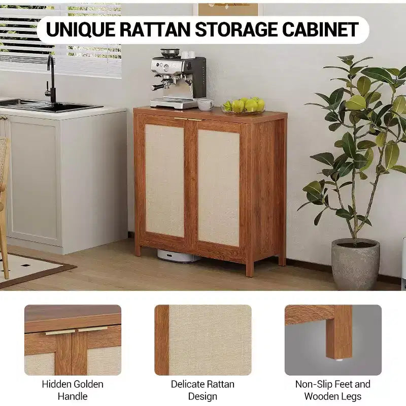 Mobiletto contenitore in rattan a 2 ante con ripiani regolabili — Quercia scura / Quercia chiara