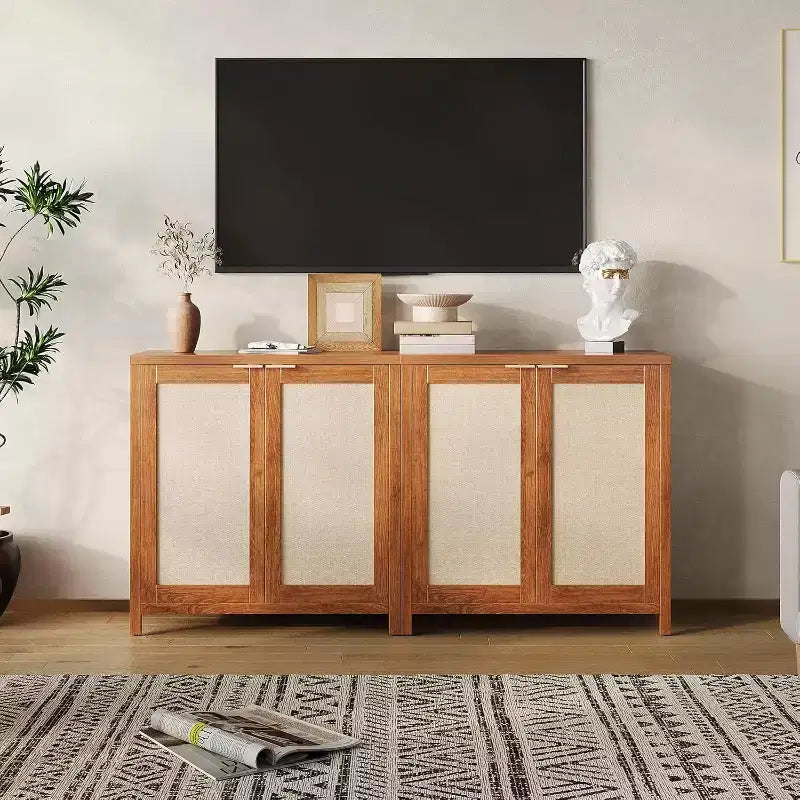 Mobiletto contenitore in rattan a 2 ante con ripiani regolabili — Quercia scura / Quercia chiara
