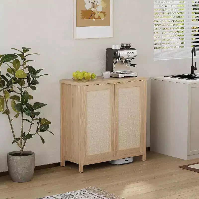 Mobiletto contenitore in rattan a 2 ante con ripiani regolabili — Quercia scura / Quercia chiara