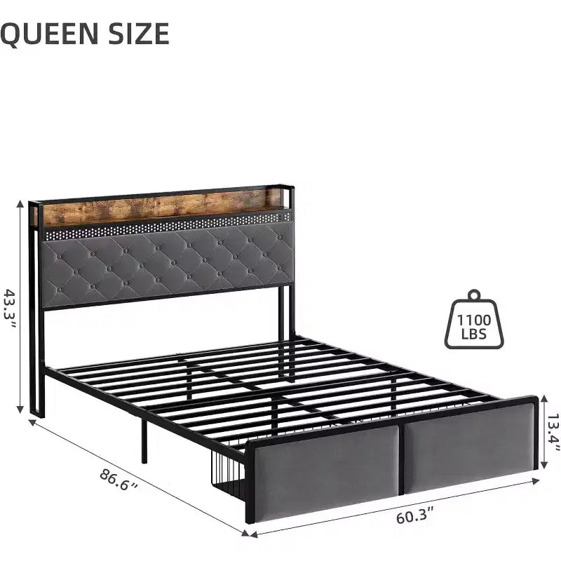 Struttura letto a piattaforma in metallo oro/grigio con testiera contenitore, stazione di ricarica e 2 cassetti — Queen/King, 1-2 persone