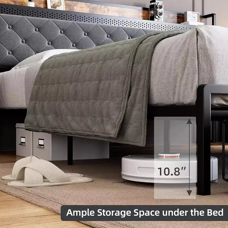 Struttura letto a piattaforma in metallo oro/grigio con testiera contenitore, stazione di ricarica e 2 cassetti — Queen/King, 1-2 persone