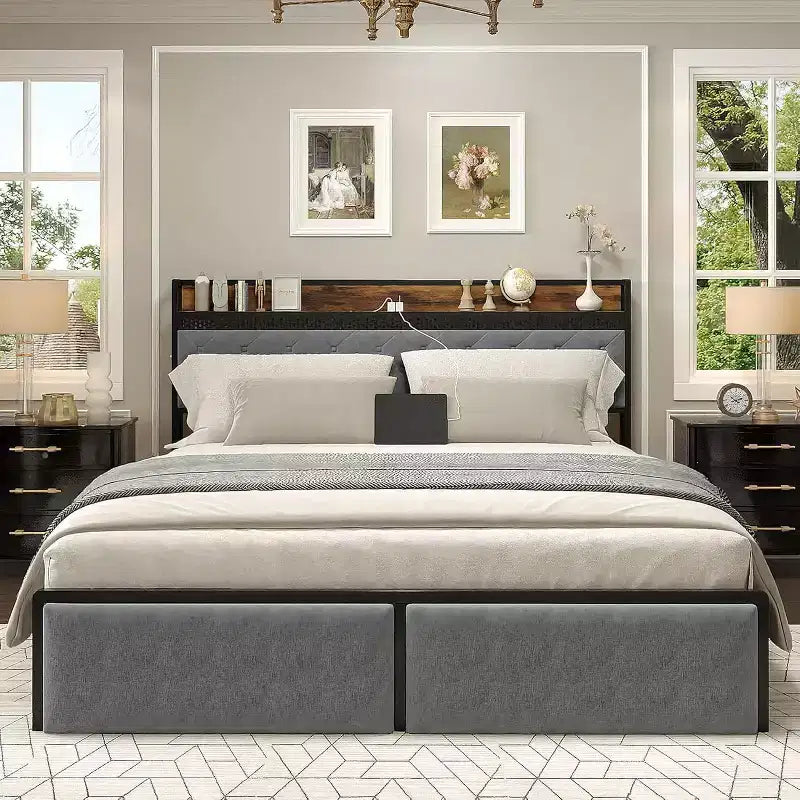 Struttura letto a piattaforma in metallo oro/grigio con testiera contenitore, stazione di ricarica e 2 cassetti — Queen/King, 1-2 persone