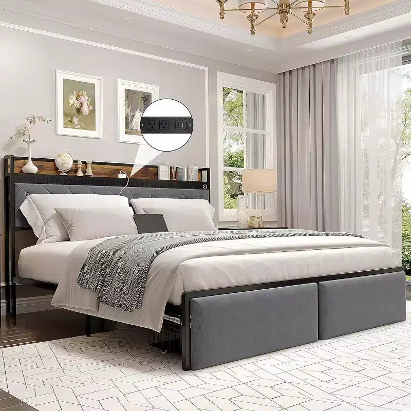 Struttura letto a piattaforma in metallo oro/grigio con testiera contenitore, stazione di ricarica e 2 cassetti — Queen/King, 1-2 persone