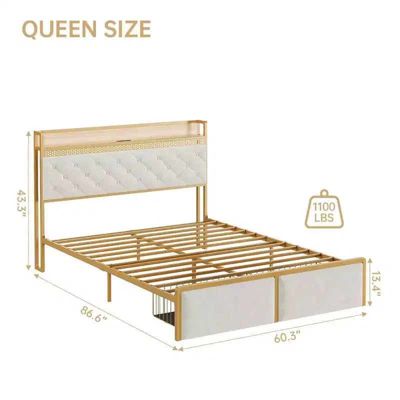 Struttura letto a piattaforma in metallo oro/grigio con testiera contenitore, stazione di ricarica e 2 cassetti — Queen/King, 1-2 persone