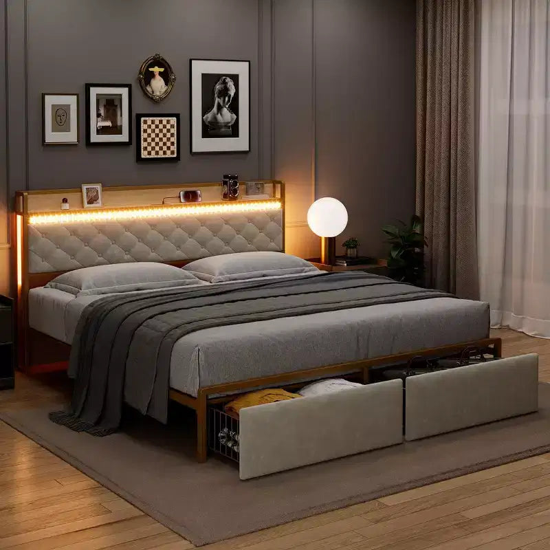 Struttura letto a piattaforma in metallo oro/grigio con testiera contenitore, stazione di ricarica e 2 cassetti — Queen/King, 1-2 persone