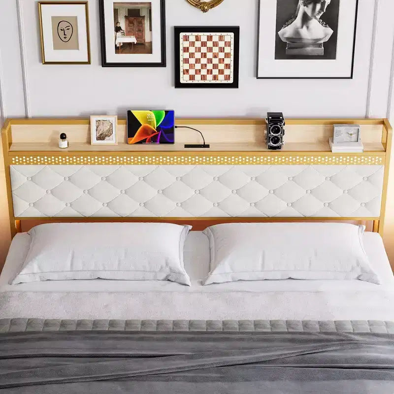 Struttura letto a piattaforma in metallo oro/grigio con testiera contenitore, stazione di ricarica e 2 cassetti — Queen/King, 1-2 persone
