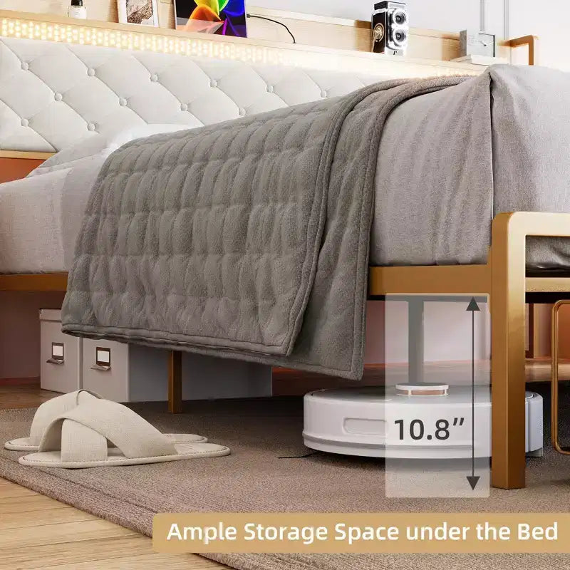 Struttura letto a piattaforma in metallo oro/grigio con testiera contenitore, stazione di ricarica e 2 cassetti — Queen/King, 1-2 persone