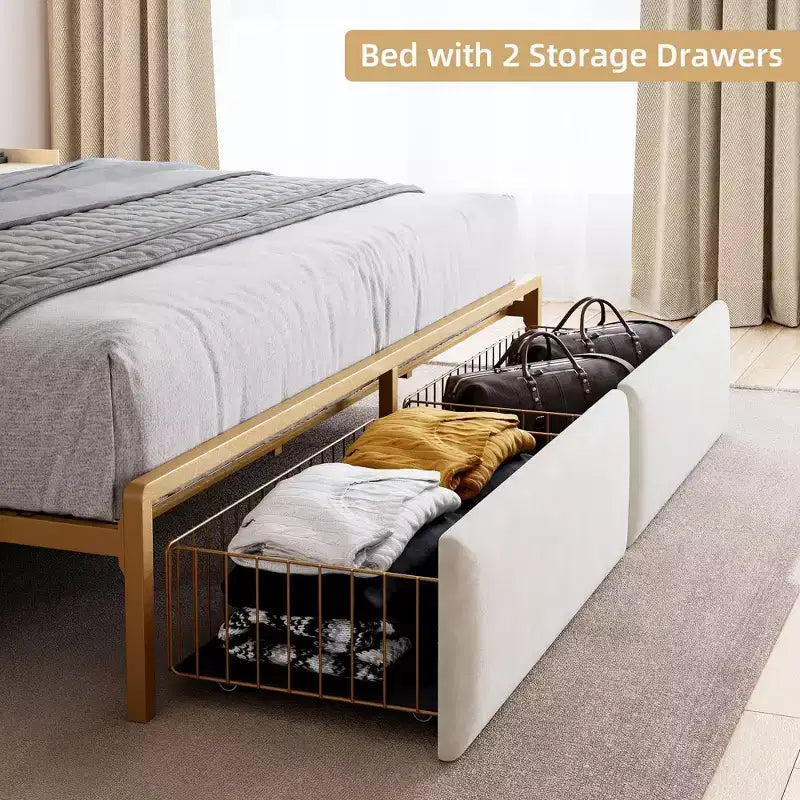 Struttura letto a piattaforma in metallo oro/grigio con testiera contenitore, stazione di ricarica e 2 cassetti — Queen/King, 1-2 persone
