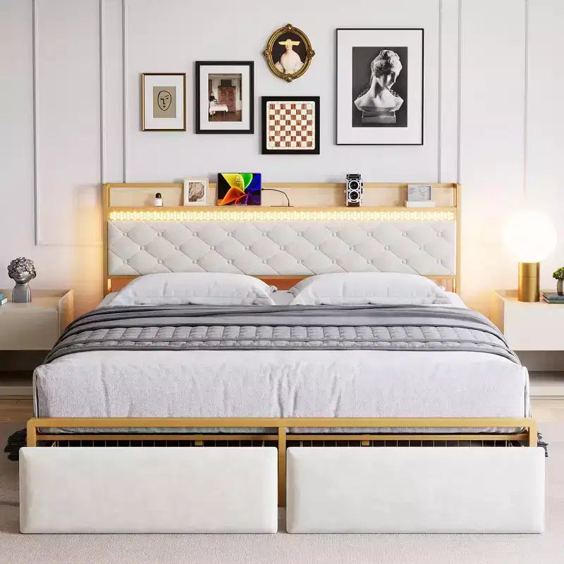 Struttura letto a piattaforma in metallo oro/grigio con testiera contenitore, stazione di ricarica e 2 cassetti — Queen/King, 1-2 persone