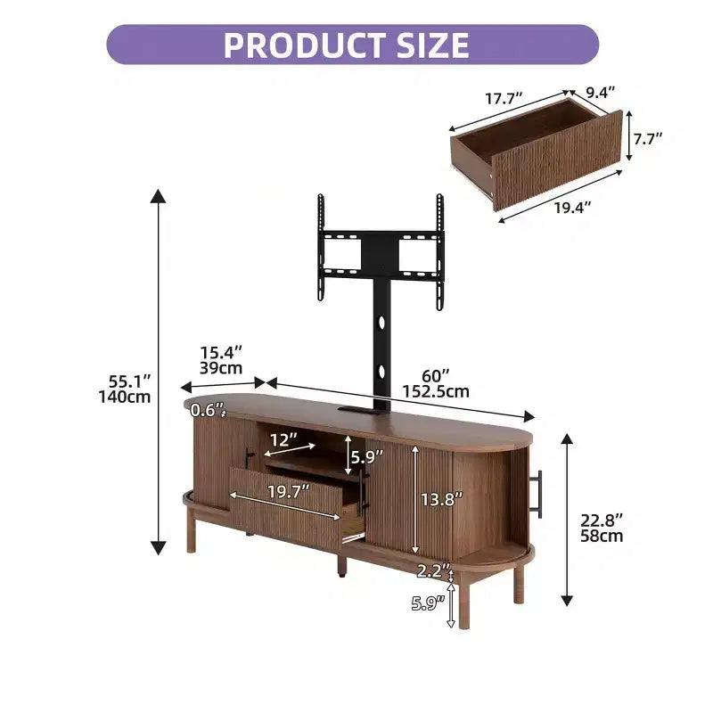Mobile porta TV scanalato con supporto, rovere naturale / noce, adatto a TV da 32-70"