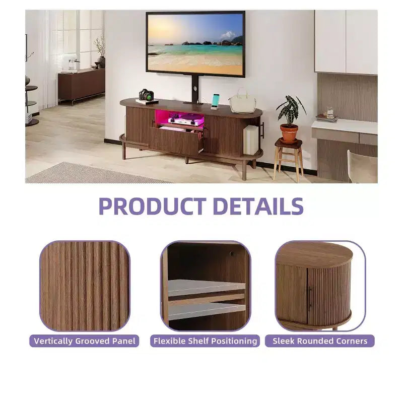 Mobile porta TV scanalato con supporto, rovere naturale / noce, adatto a TV da 32-70"