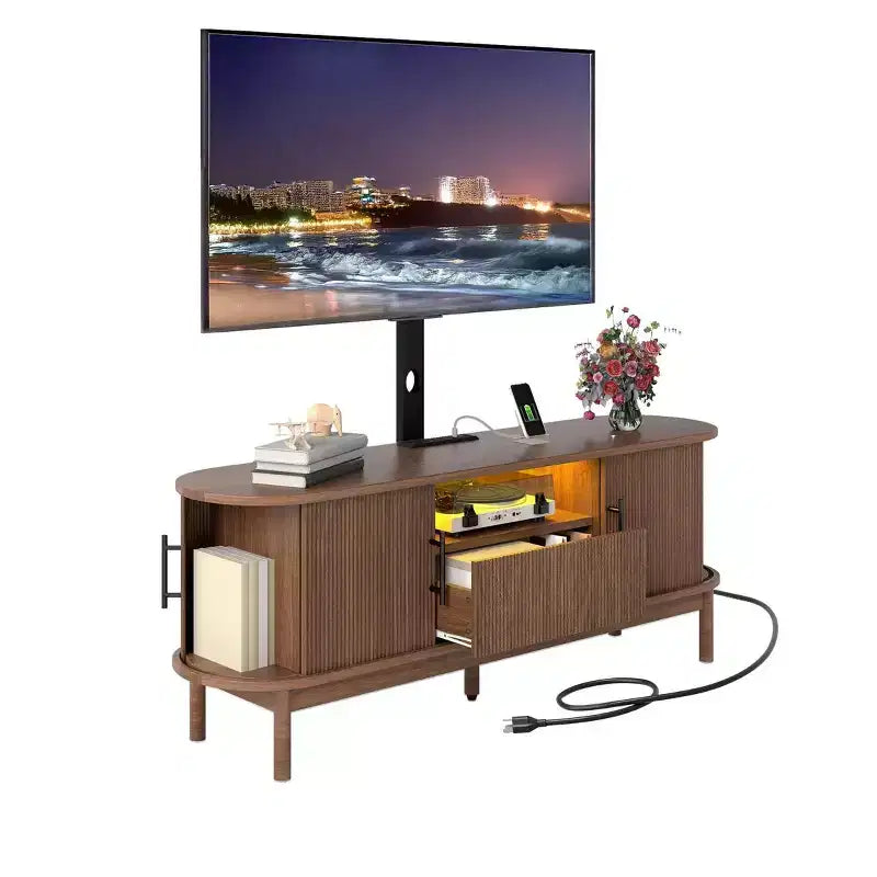 Mobile porta TV scanalato con supporto, rovere naturale / noce, adatto a TV da 32-70"