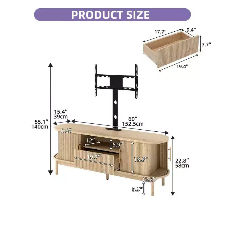 Mobile porta TV scanalato con supporto, rovere naturale / noce, adatto a TV da 32-70"
