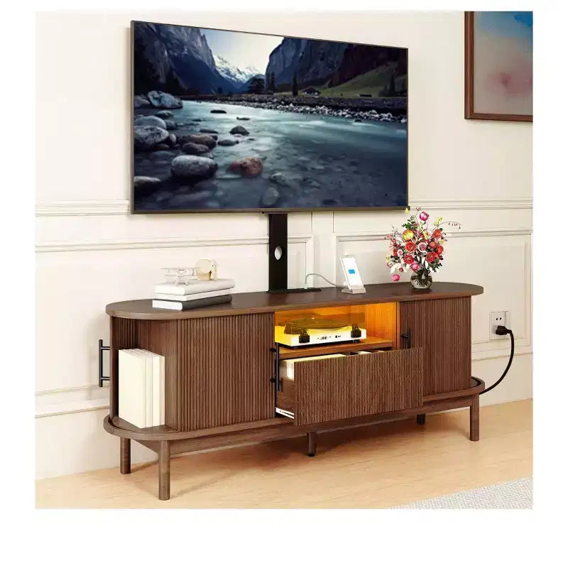Mobile porta TV scanalato con supporto, rovere naturale / noce, adatto a TV da 32-70"