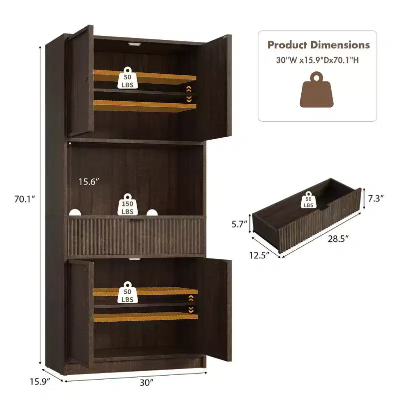 Dispensa da Cucina Alta 178 cm con Ante, Cassetto e Piano d'Appoggio — Nero / Marrone / Grigio / Bianco