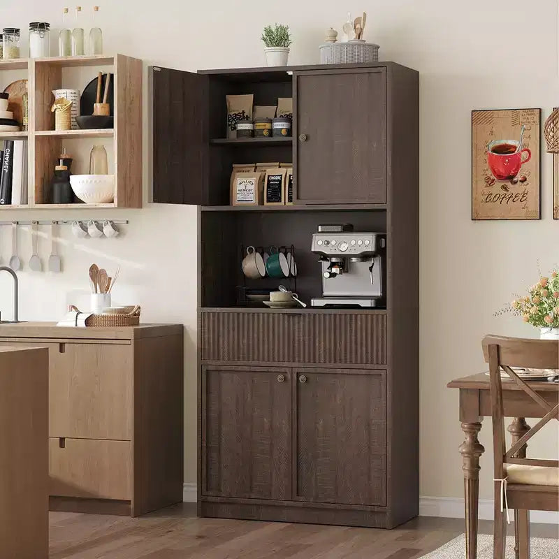 Dispensa da Cucina Alta 178 cm con Ante, Cassetto e Piano d'Appoggio — Nero / Marrone / Grigio / Bianco