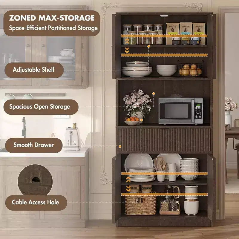 Dispensa da Cucina Alta 178 cm con Ante, Cassetto e Piano d'Appoggio — Nero / Marrone / Grigio / Bianco