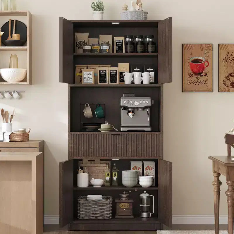 Dispensa da Cucina Alta 178 cm con Ante, Cassetto e Piano d'Appoggio — Nero / Marrone / Grigio / Bianco