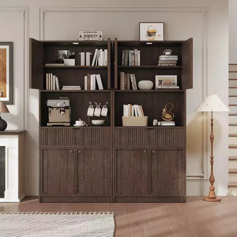Dispensa da Cucina Alta 178 cm con Ante, Cassetto e Piano d'Appoggio — Nero / Marrone / Grigio / Bianco