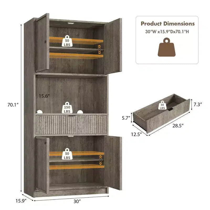 Dispensa da Cucina Alta 178 cm con Ante, Cassetto e Piano d'Appoggio — Nero / Marrone / Grigio / Bianco