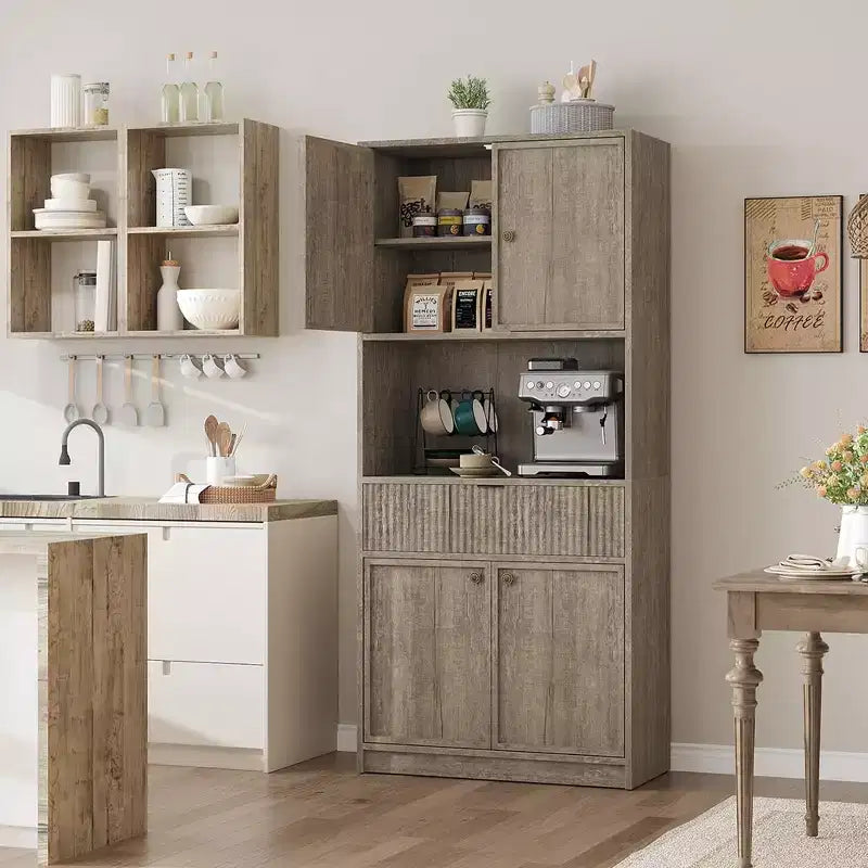 Dispensa da Cucina Alta 178 cm con Ante, Cassetto e Piano d'Appoggio — Nero / Marrone / Grigio / Bianco