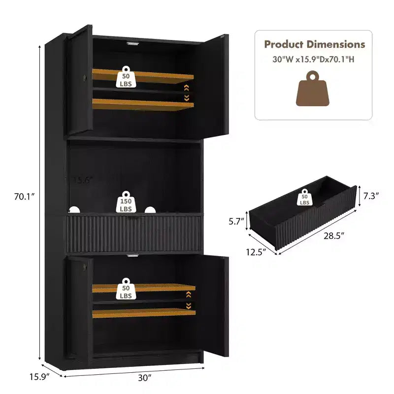 Dispensa da Cucina Alta 178 cm con Ante, Cassetto e Piano d'Appoggio — Nero / Marrone / Grigio / Bianco