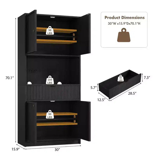 Dispensa da Cucina Alta 178 cm con Ante, Cassetto e Piano d'Appoggio — Nero / Marrone / Grigio / Bianco
