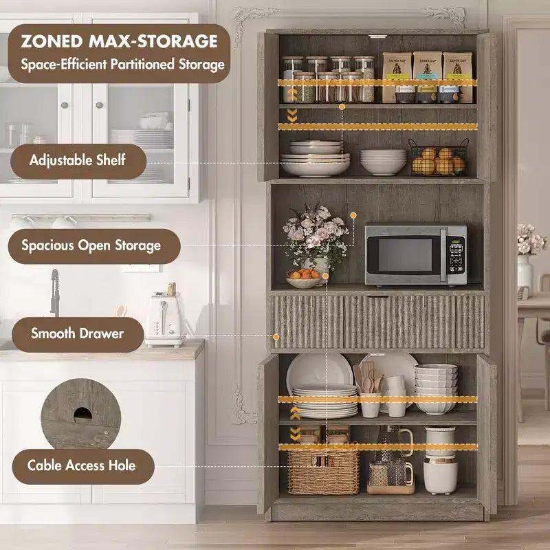 Dispensa da Cucina Alta 178 cm con Ante, Cassetto e Piano d'Appoggio — Nero / Marrone / Grigio / Bianco