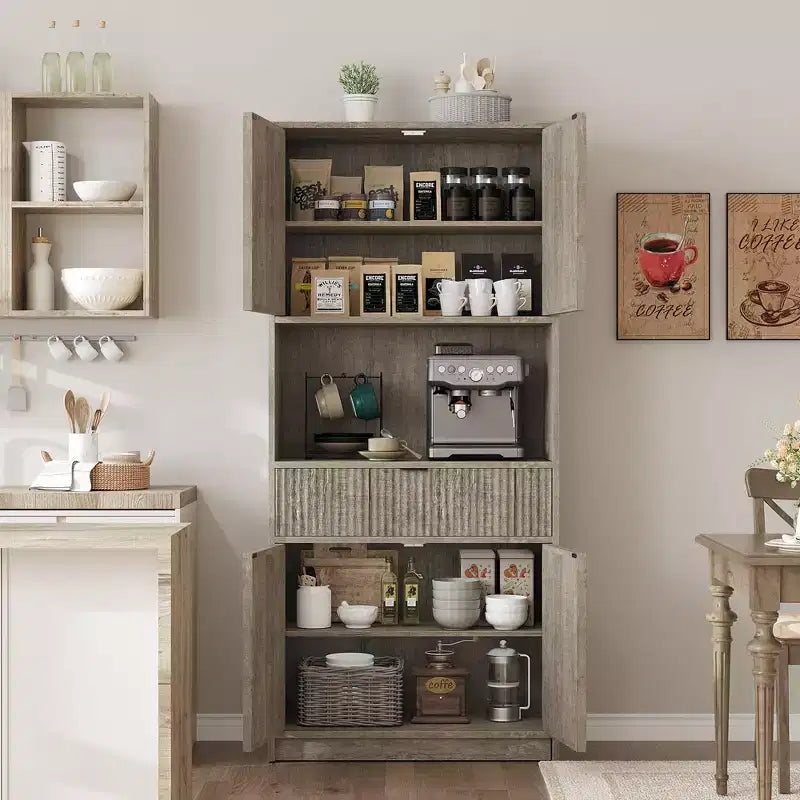 Dispensa da Cucina Alta 178 cm con Ante, Cassetto e Piano d'Appoggio — Nero / Marrone / Grigio / Bianco