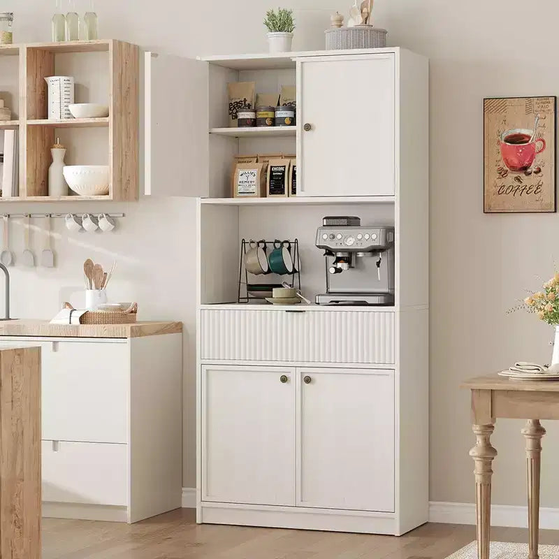 Dispensa da Cucina Alta 178 cm con Ante, Cassetto e Piano d'Appoggio — Nero / Marrone / Grigio / Bianco
