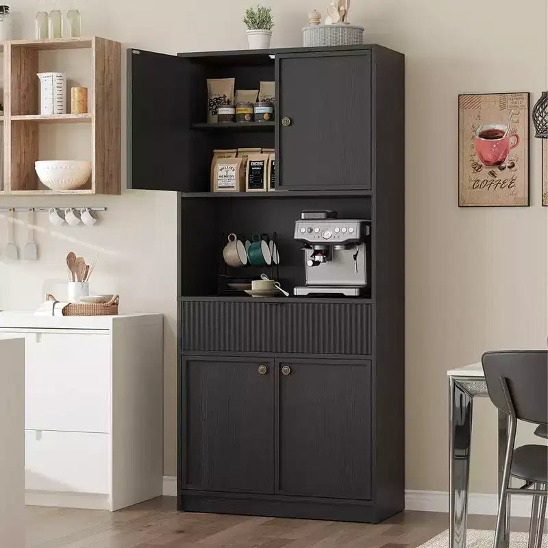 Dispensa da Cucina Alta 178 cm con Ante, Cassetto e Piano d'Appoggio — Nero / Marrone / Grigio / Bianco
