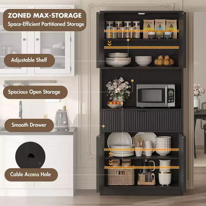 Dispensa da Cucina Alta 178 cm con Ante, Cassetto e Piano d'Appoggio — Nero / Marrone / Grigio / Bianco