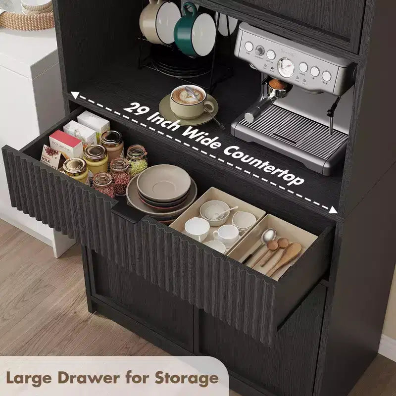 Dispensa da Cucina Alta 178 cm con Ante, Cassetto e Piano d'Appoggio — Nero / Marrone / Grigio / Bianco