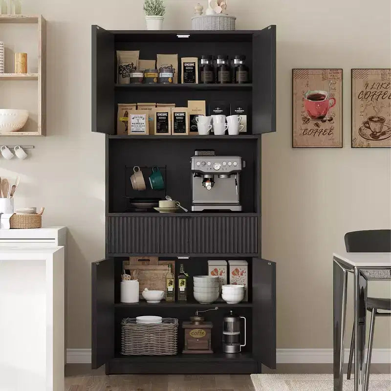 Dispensa da Cucina Alta 178 cm con Ante, Cassetto e Piano d'Appoggio — Nero / Marrone / Grigio / Bianco