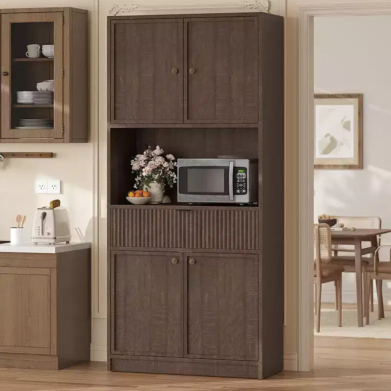 Dispensa da Cucina Alta 178 cm con Ante, Cassetto e Piano d'Appoggio — Nero / Marrone / Grigio / Bianco