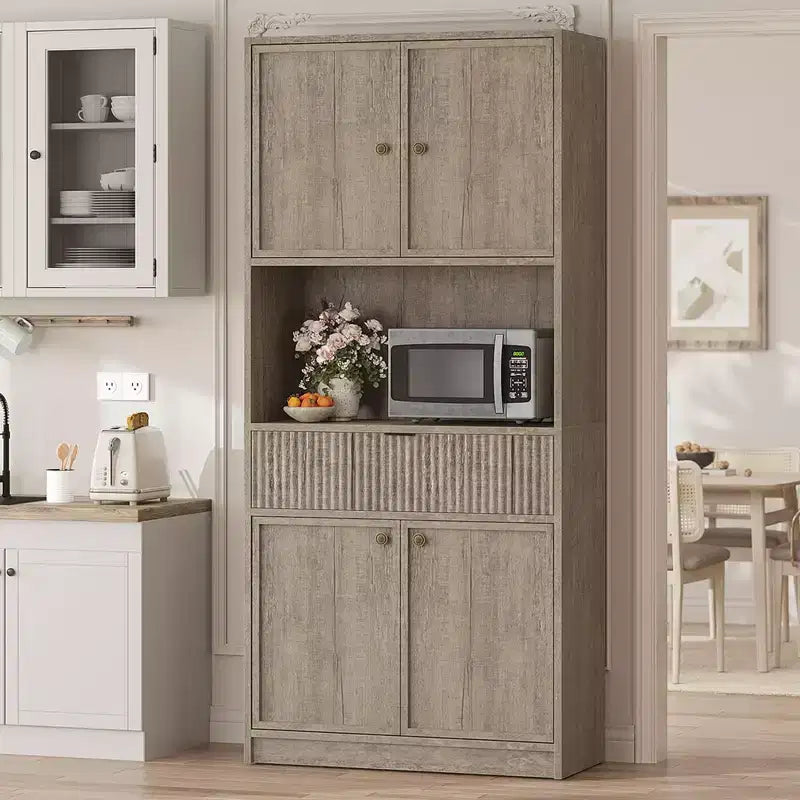 Dispensa da Cucina Alta 178 cm con Ante, Cassetto e Piano d'Appoggio — Nero / Marrone / Grigio / Bianco