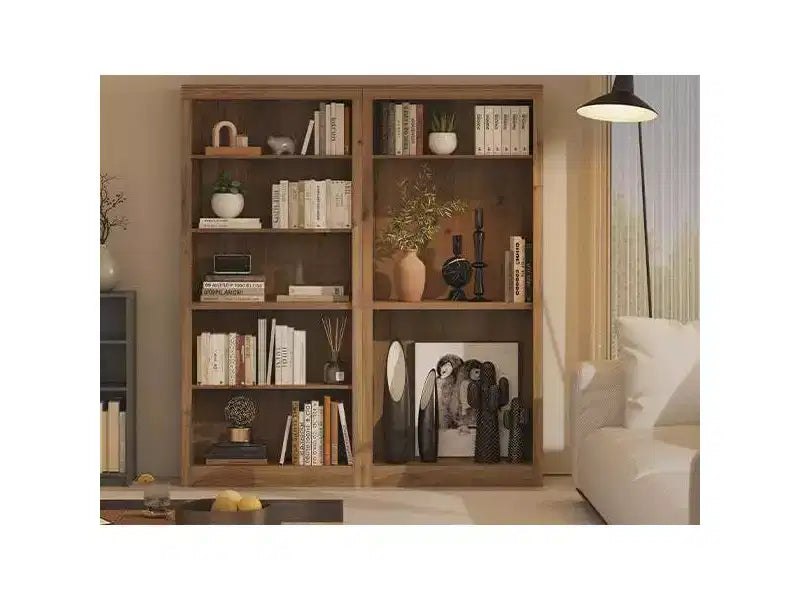 Libreria a 5 Ripiani Aperta, Grigio Chiaro / Rovere / Bianco, Profondità Sottile 39,5 cm, Altezza 180 cm, Antiribaltamento