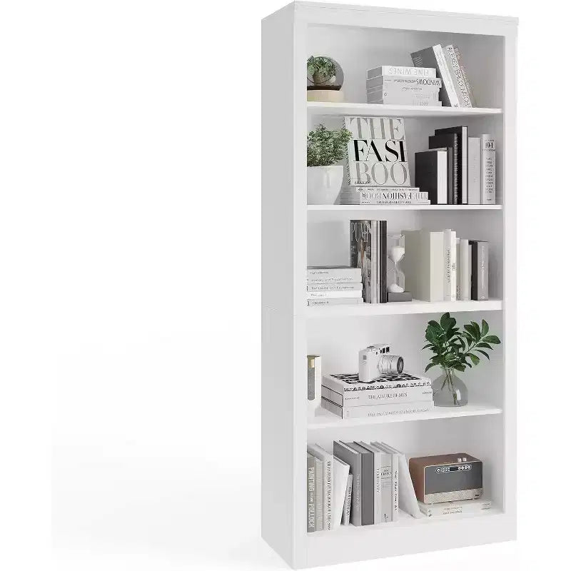 Libreria a 5 Ripiani Aperta, Grigio Chiaro / Rovere / Bianco, Profondità Sottile 39,5 cm, Altezza 180 cm, Antiribaltamento