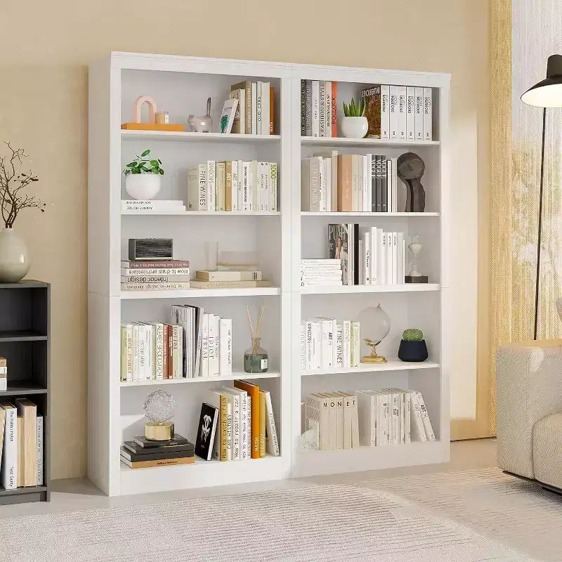 Libreria a 5 Ripiani Aperta, Grigio Chiaro / Rovere / Bianco, Profondità Sottile 39,5 cm, Altezza 180 cm, Antiribaltamento