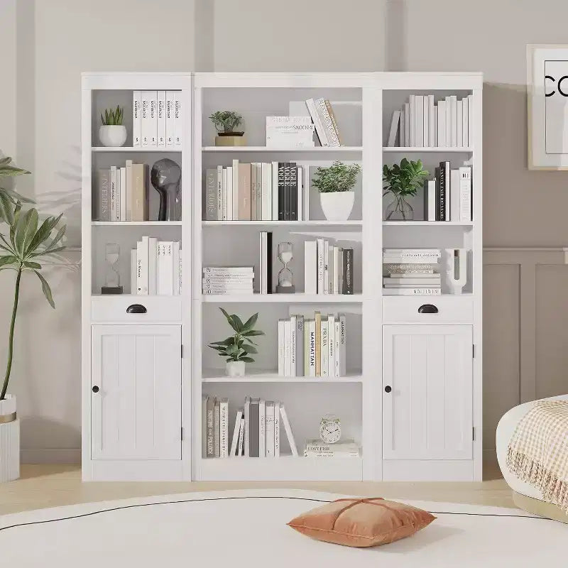 Libreria a 5 Ripiani Aperta, Grigio Chiaro / Rovere / Bianco, Profondità Sottile 39,5 cm, Altezza 180 cm, Antiribaltamento
