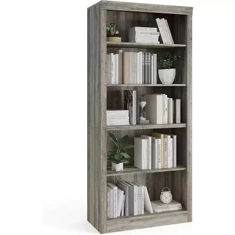 Libreria a 5 Ripiani Aperta, Grigio Chiaro / Rovere / Bianco, Profondità Sottile 39,5 cm, Altezza 180 cm, Antiribaltamento