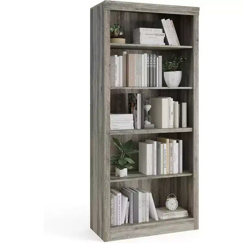 Libreria a 5 Ripiani Aperta, Grigio Chiaro / Rovere / Bianco, Profondità Sottile 39,5 cm, Altezza 180 cm, Antiribaltamento