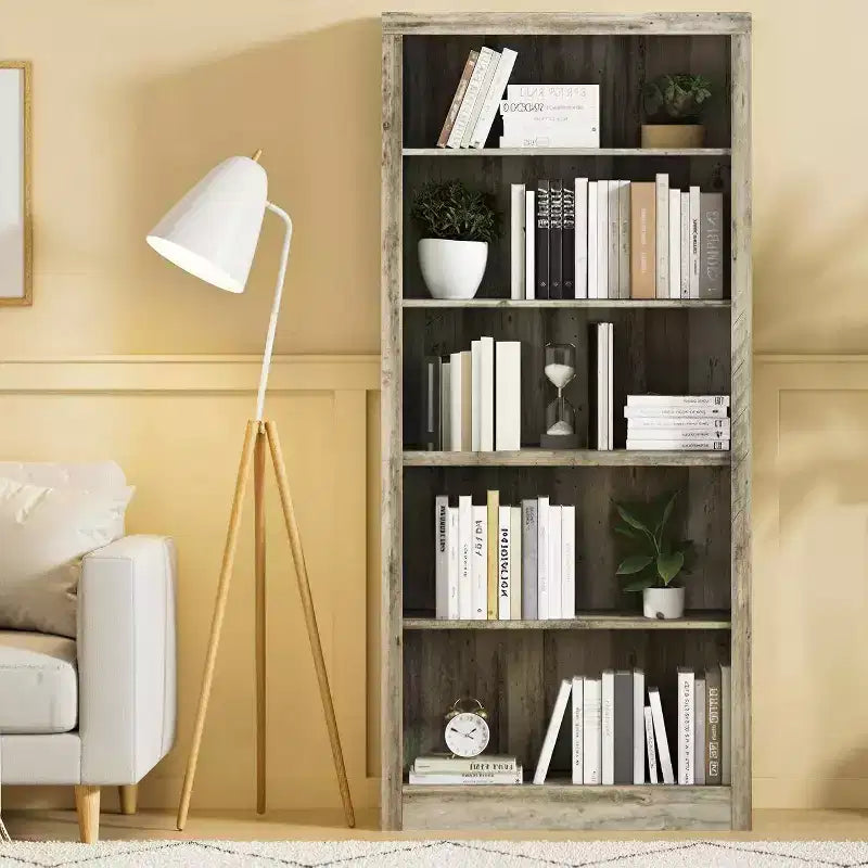 Libreria a 5 Ripiani Aperta, Grigio Chiaro / Rovere / Bianco, Profondità Sottile 39,5 cm, Altezza 180 cm, Antiribaltamento