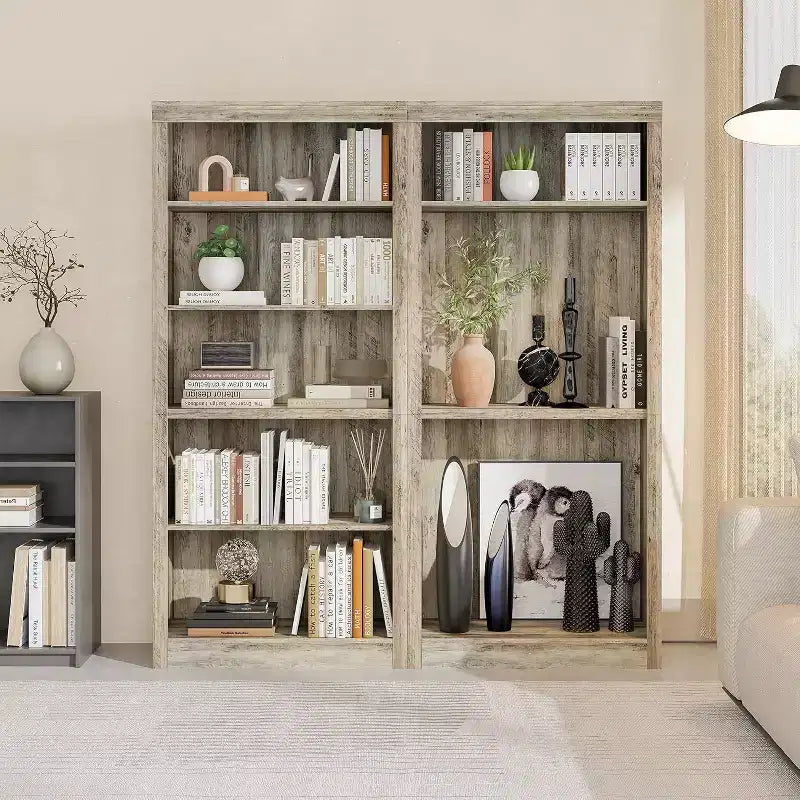 Libreria a 5 Ripiani Aperta, Grigio Chiaro / Rovere / Bianco, Profondità Sottile 39,5 cm, Altezza 180 cm, Antiribaltamento