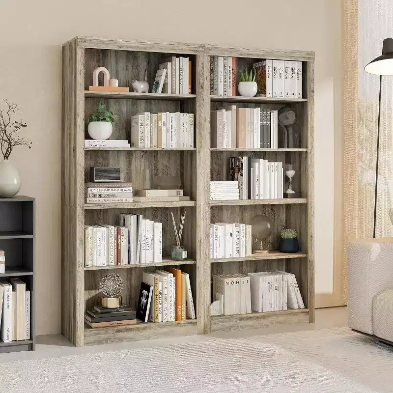 Libreria a 5 Ripiani Aperta, Grigio Chiaro / Rovere / Bianco, Profondità Sottile 39,5 cm, Altezza 180 cm, Antiribaltamento