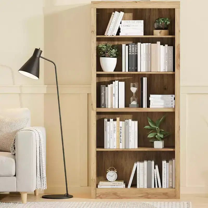 Libreria a 5 Ripiani Aperta, Grigio Chiaro / Rovere / Bianco, Profondità Sottile 39,5 cm, Altezza 180 cm, Antiribaltamento