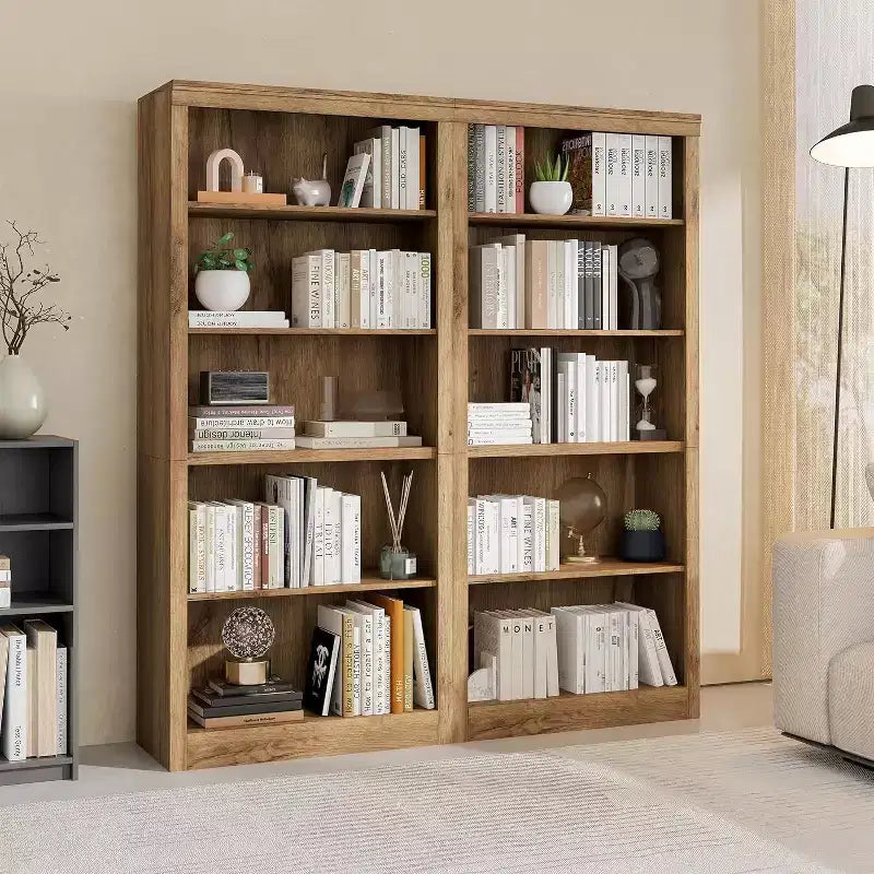 Libreria a 5 Ripiani Aperta, Grigio Chiaro / Rovere / Bianco, Profondità Sottile 39,5 cm, Altezza 180 cm, Antiribaltamento