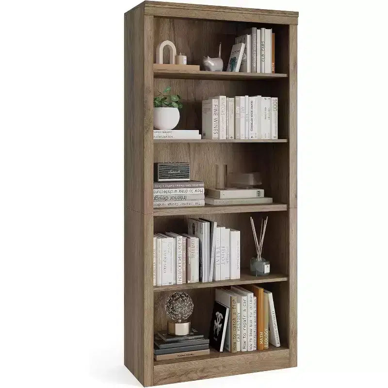 Libreria a 5 Ripiani Aperta, Grigio Chiaro / Rovere / Bianco, Profondità Sottile 39,5 cm, Altezza 180 cm, Antiribaltamento