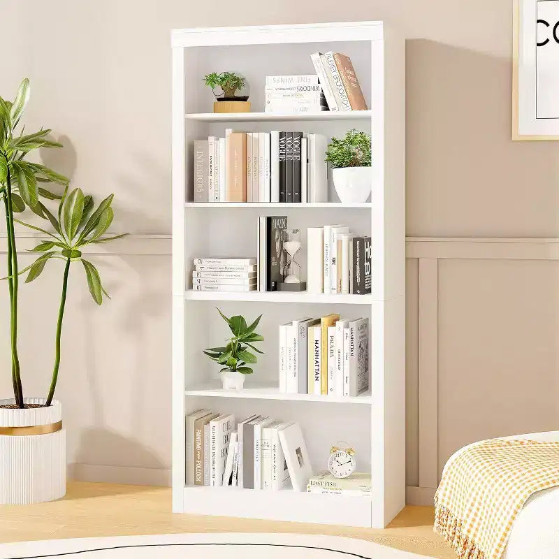Libreria a 5 Ripiani Aperta, Grigio Chiaro / Rovere / Bianco, Profondità Sottile 39,5 cm, Altezza 180 cm, Antiribaltamento